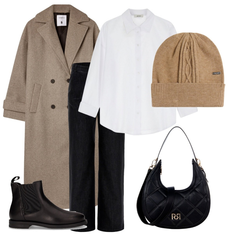 Outfit donna - Fa freddo. Stile Basic per Tutti i giorni. Abbinamento con cappotti, borse a tracolla, jeans, berretti, camicie, stivaletti chelsea.
