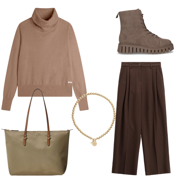 Outfit donna - Fashion hacks. Stile Casual chic per Tutti i giorni. Abbinamento con pantaloni a palazzo, maglieria, collane, borse tote, anfibi.