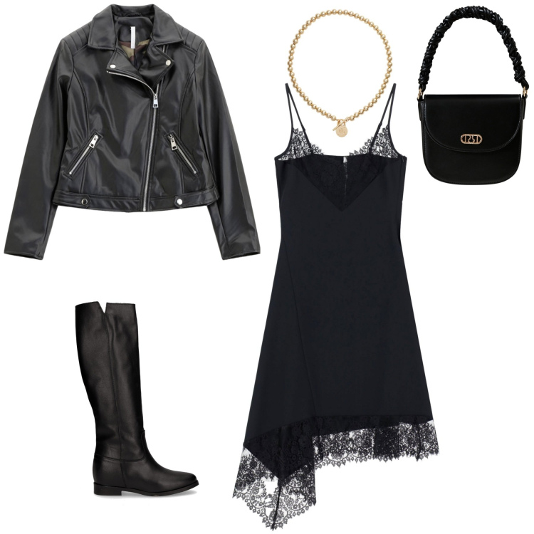 Outfit donna - Tocco di romanticismo. Stile Casual chic per Serata fuori. Abbinamento con borse a mano, vestiti asimmetrici, blazer, collane, stivali.
