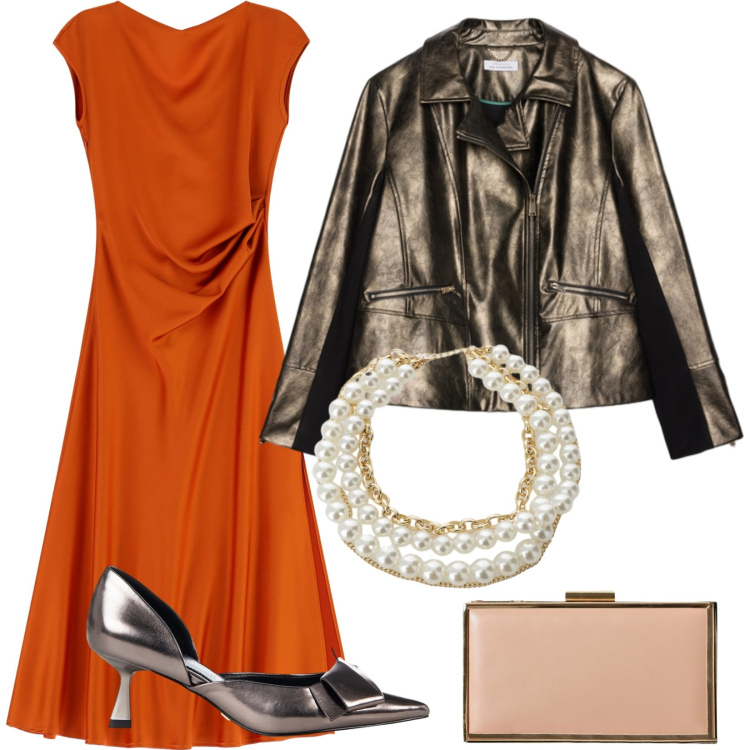 Outfit donna - Festa d\'autunno. Stile Glamour per Serata fuori. Abbinamento con décolleté, pochette, vestiti lunghi, collane, giacche.