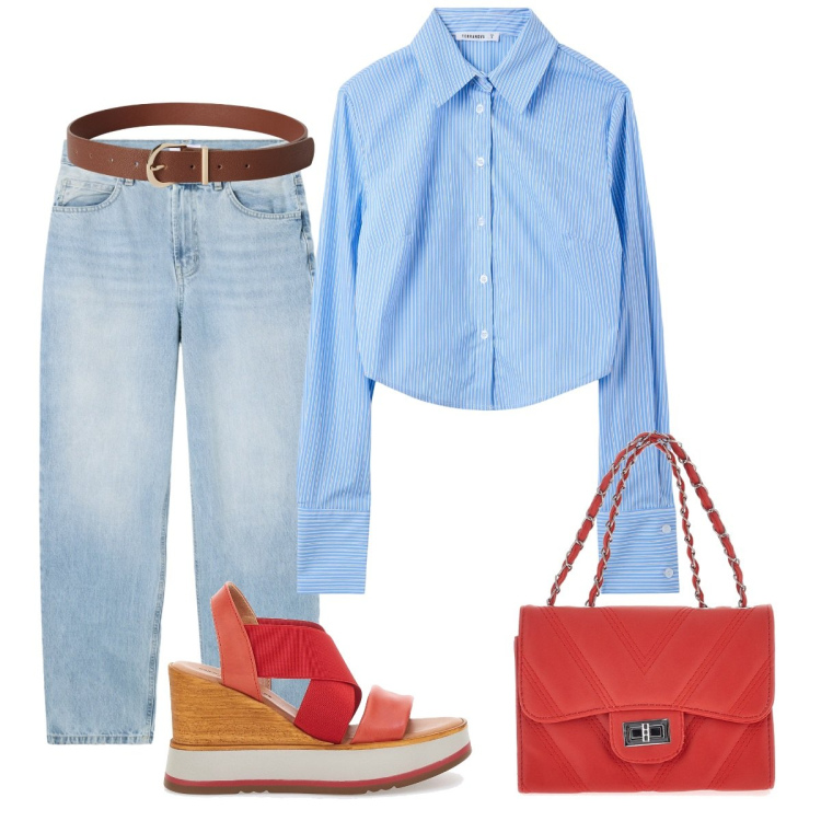Outfit donna - Denim con un tocco di rosso. Stile Casual chic per Tutti i giorni. Abbinamento con jeans dritti, camicie, cinture, sandali, borse a tracolla.