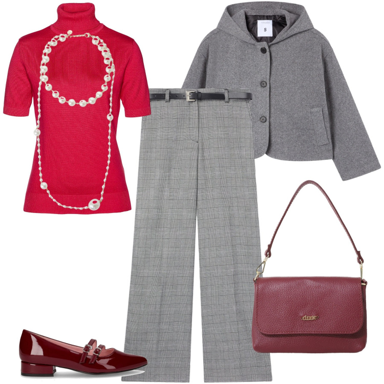 Outfit donna - Autunno in rosso. Stile Urban per Ufficio. Abbinamento con maglieria, caban, pantaloni, borse a tracolla, collane, ballerine.