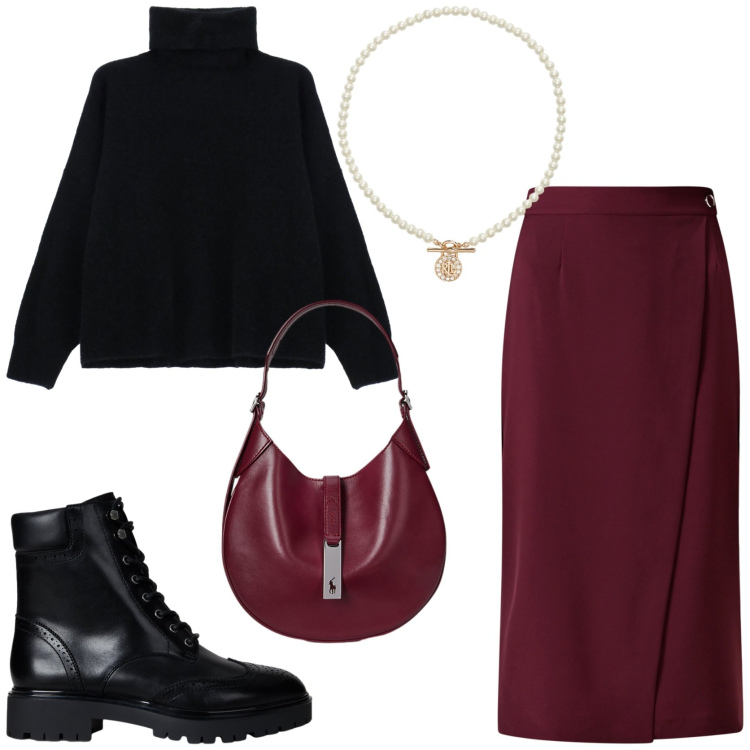 Outfit donna - Elegante in bordeaux. Stile Chic per Tutti i giorni. Abbinamento con gonne, maglieria, borse a spalla, anfibi, ciondoli.