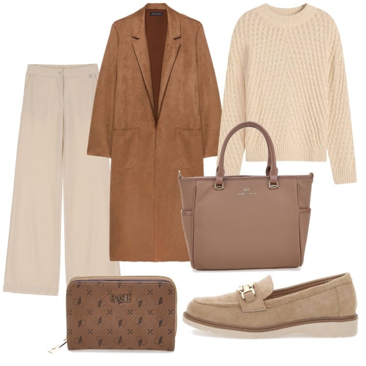 Outfit donna - Inizia il freddo. Stile Bon Ton per Ufficio. Abbinamento con maglieria, pantaloni, trench, mocassini, borse a tracolla, portafogli.