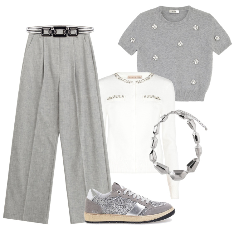 Outfit donna - Dettagli gioiello al lavoro. Stile Casual chic per Ufficio. Abbinamento con cardigans, cinture, pantaloni, maglieria, sneakers, ciondoli.