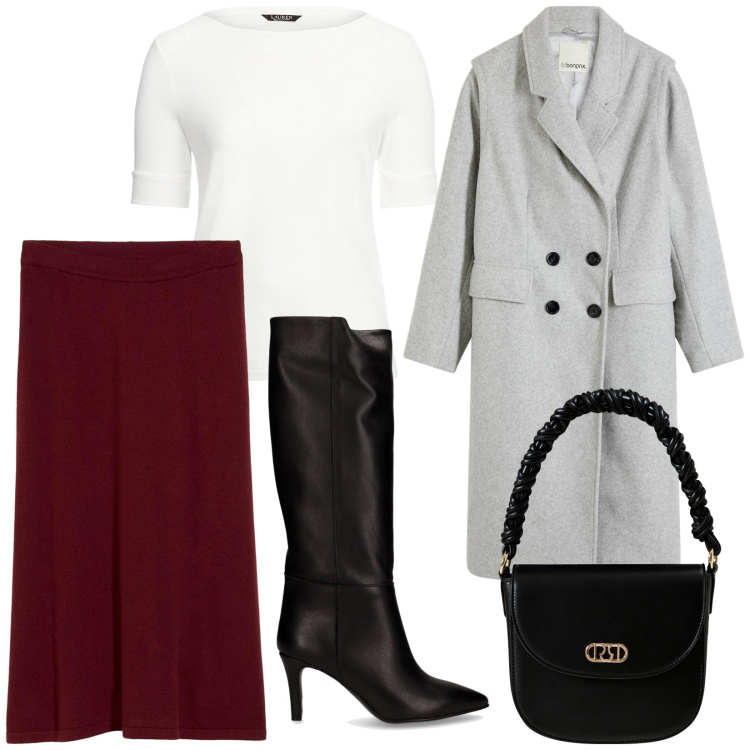 Outfit donna - La gonna bordeaux. Stile Bon Ton per Serata fuori. Abbinamento con cappotti, gonne, borse a mano, top, stivali.