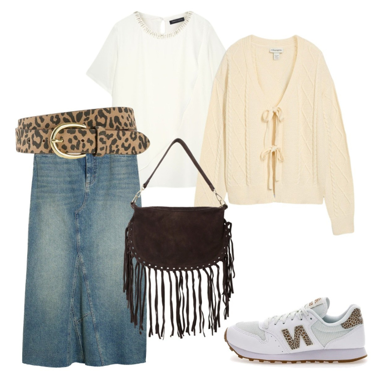 Outfit donna - Boho metropolitano. Stile Casual per Tutti i giorni. Abbinamento con gonne, cardigans, cinture, borse a tracolla, sneakers, bluse.