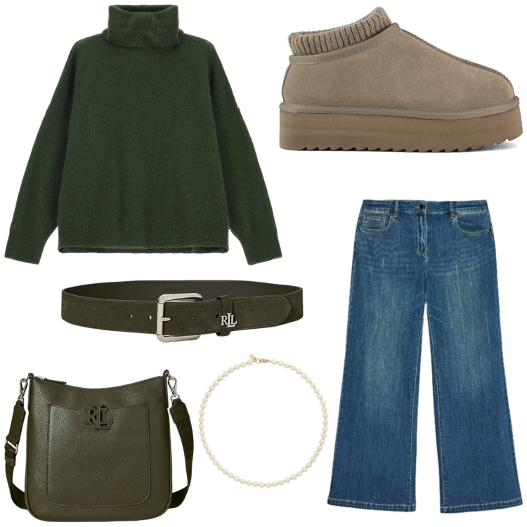 Outfit donna - Colori autunnali. Stile Minimal per Tutti i giorni. Abbinamento con maglieria, collane, borse a tracolla, cinture, sabot, jeans dritti.