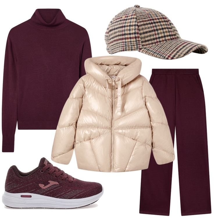 Outfit donna - Inizia il freddo in bordeaux. Stile Urban per Scuola/Università. Abbinamento con cappelli con visiera, pantaloni, giacche, maglieria, sneakers.