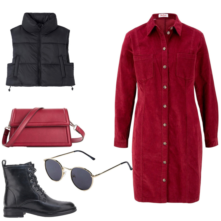 Outfit donna - Rosso d\'autunno. Stile Minimal per Tutti i giorni. Abbinamento con vestiti, borse a tracolla, occhiali da sole, piumini, anfibi.