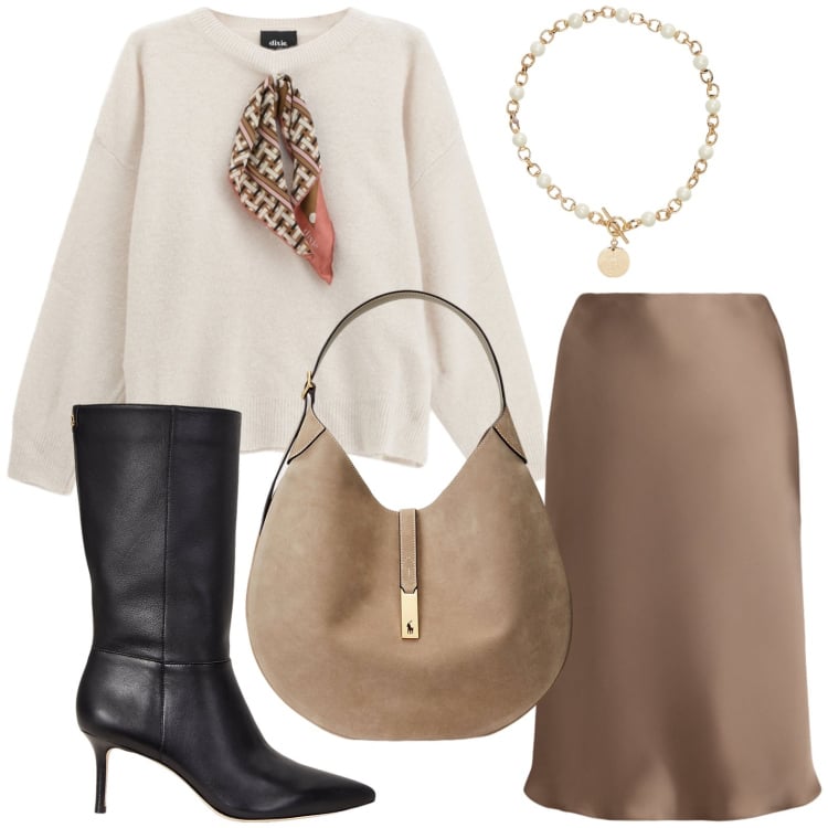 Outfit donna - Maglione e satin. Stile Chic per Tutti i giorni. Abbinamento con maglieria, borse a spalla, collane, gonne, stivali.