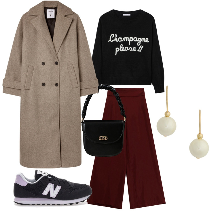 Outfit donna - Easy day. Stile Casual chic Abbinamento con maglieria, cappotti, pantaloni a palazzo, borse a mano, orecchini, sneakers.