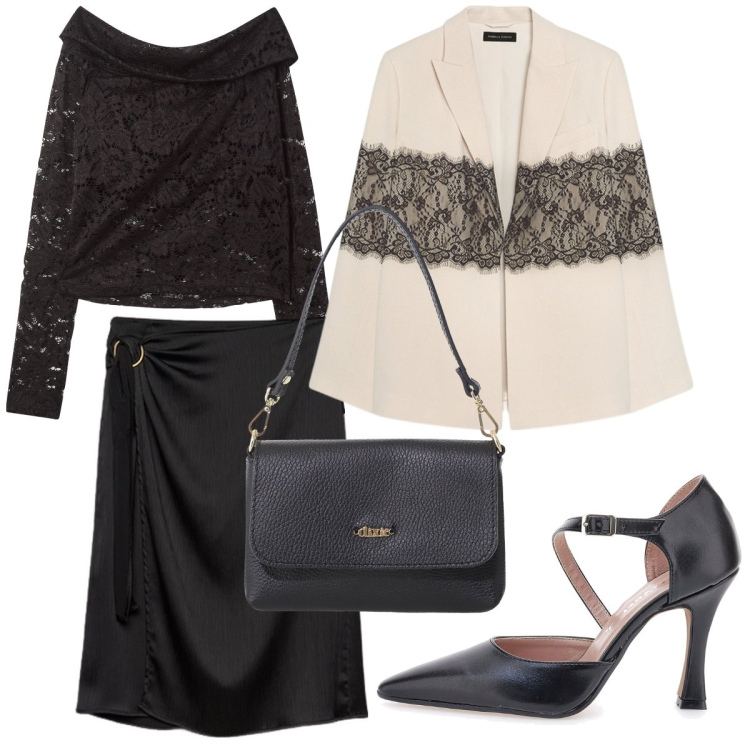 Outfit donna - A tutto pizzo. Stile Glamour per Serata fuori. Abbinamento con bluse, borse a tracolla, décolleté, blazer, gonne longuette.
