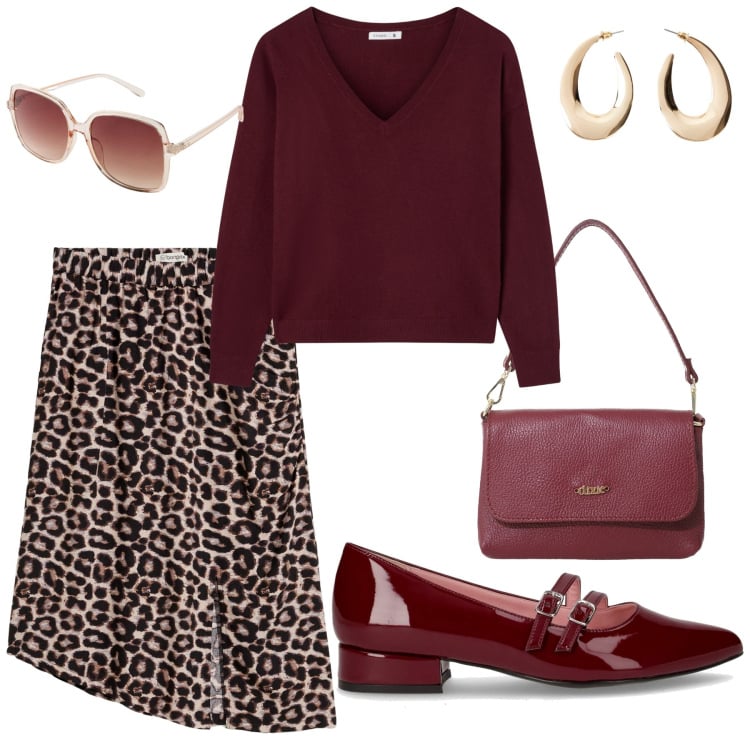 Outfit donna - Weekend Elegance. Stile Casual chic per Serata fuori. Abbinamento con orecchini, occhiali da sole, gonne, maglieria, borse a tracolla, ballerine.