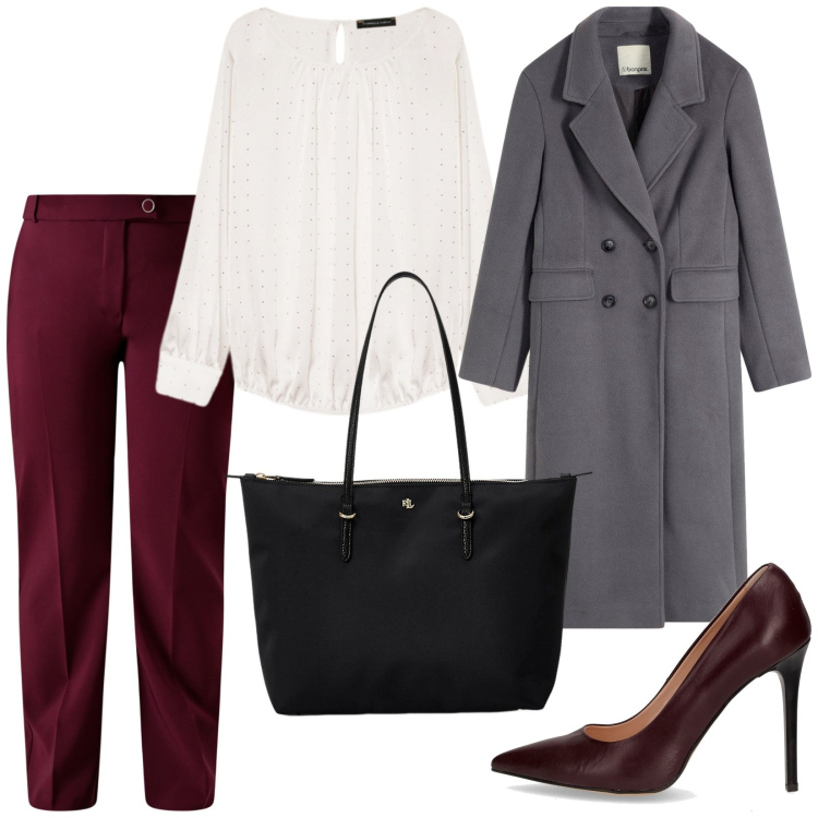 Outfit donna - Total look #2256764. Stile Chic per Ufficio. Abbinamento con cappotti, pantaloni, borse tote, bluse, décolleté.
