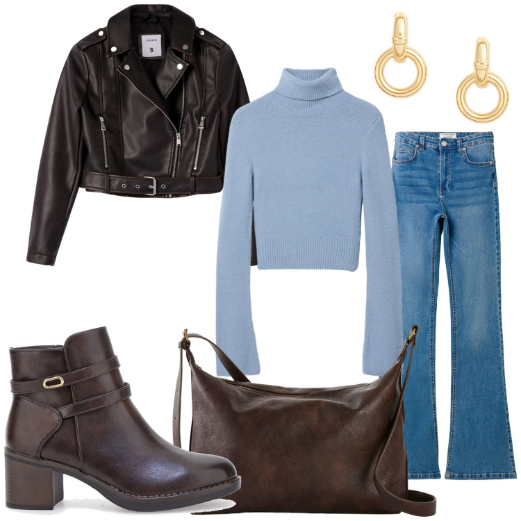 Outfit donna - Trendy sempre di moda. Stile Trendy per Tutti i giorni. Abbinamento con borse a tracolla, maglieria, giacche, jeans a zampa, orecchini, stivaletti.