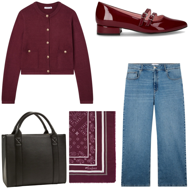 Outfit donna - Declinazioni in rosso. Stile Chic per Tutti i giorni. Abbinamento con jeans, borse tote, cardigans, ballerine, foulard.