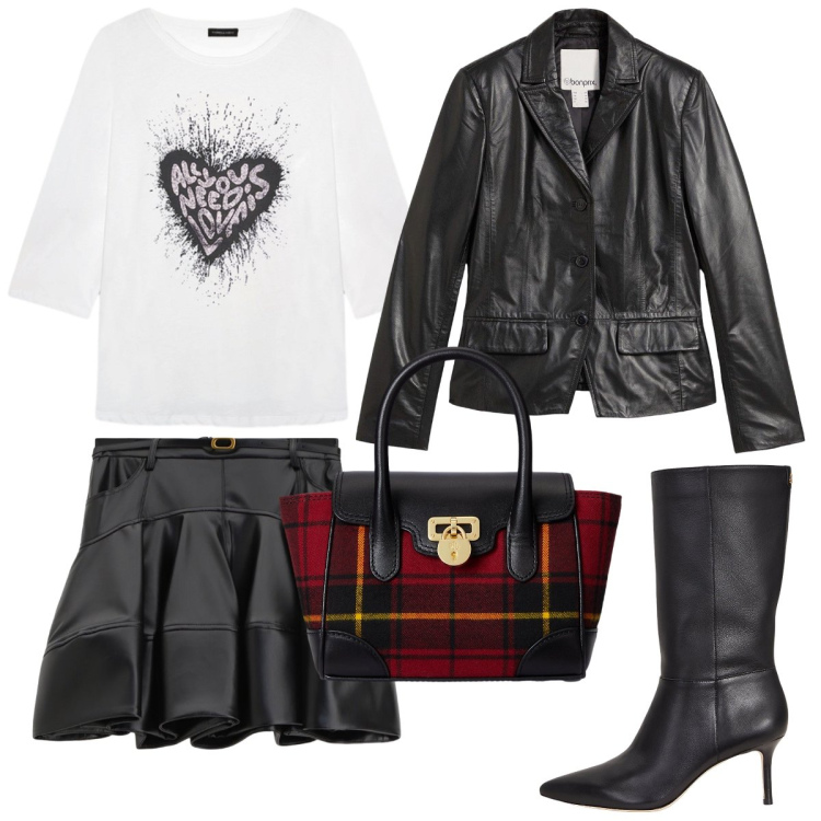 Outfit donna - Glamour autunnale. Stile Mannish per Serata fuori. Abbinamento con blazer, minigonne, borse a mano, stivali, t-shirt.