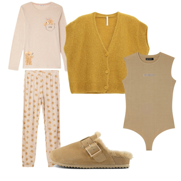 Outfit donna - In pigiama. Stile Basic per Tutti i giorni. Abbinamento con pigiama, cardigans, body, sabot.