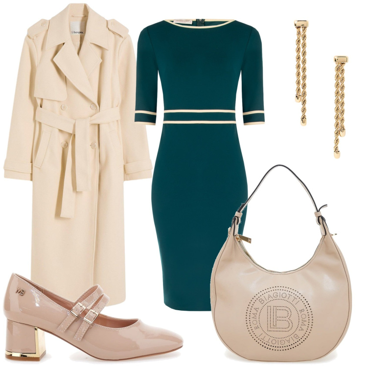 Outfit donna - Tubino e capotto. Stile Glamour per Tutti i giorni. Abbinamento con trench, vestiti a tubino, orecchini, décolleté, borse a spalla.