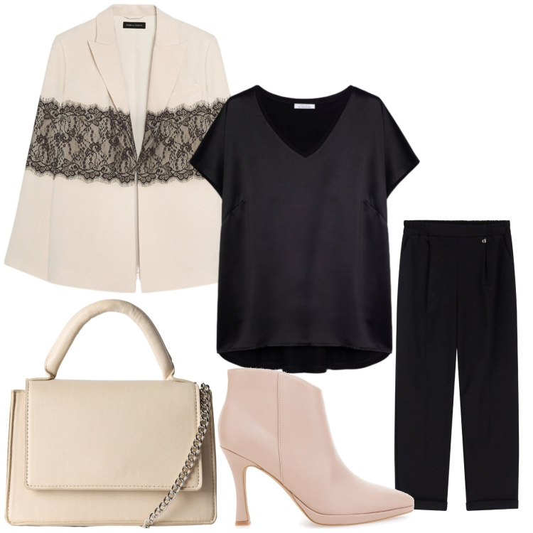 Outfit donna - Tronchetti cipria. Stile Chic per Tutti i giorni. Abbinamento con borse a tracolla, pantaloni, blazer, stivaletti, bluse.