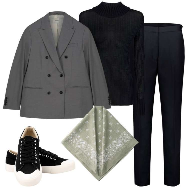 Outfit donna - La bandana. Stile Mannish per Ufficio. Abbinamento con pantaloni, blazer, maglieria, sneakers, foulard.