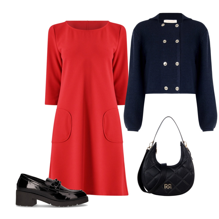 Outfit donna - Red energy. Stile Trendy per Ufficio. Abbinamento con borse a tracolla, blazer, vestiti corti, mocassini.