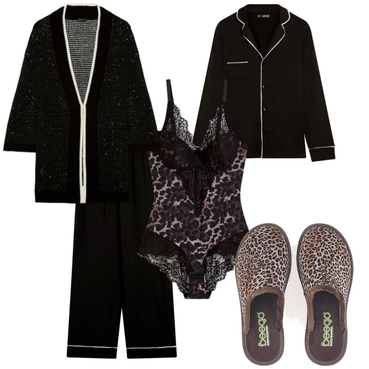 Outfit donna - Buonanotte con stile. Stile Basic per Tutti i giorni. Abbinamento con body, pigiama, pantofole, cardigans.