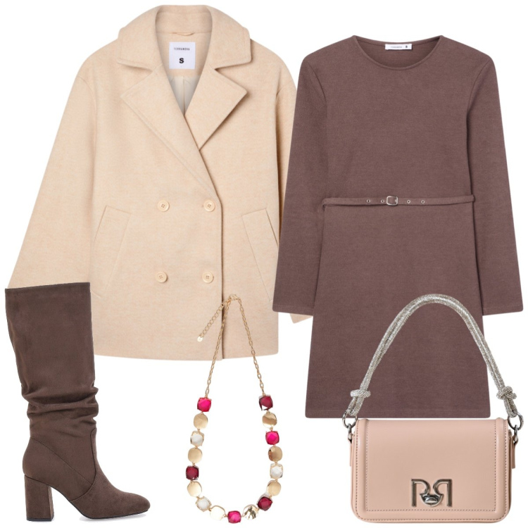 Outfit donna - In città. Stile Bon Ton per Tutti i giorni. Abbinamento con caban, vestiti midi/longuette, borse a mano, collane, stivali sopra il ginocchio.