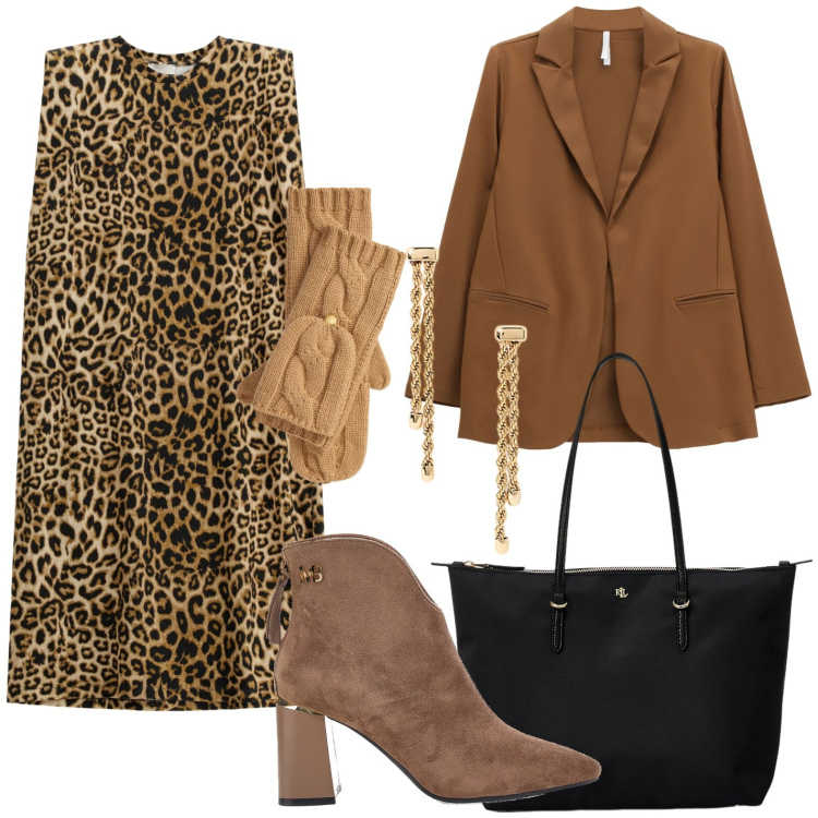 Outfit donna - Animalier in ufficio. Stile Bon Ton per Ufficio. Abbinamento con blazer, vestiti midi/longuette, borse tote, orecchini, guanti, stivaletti.