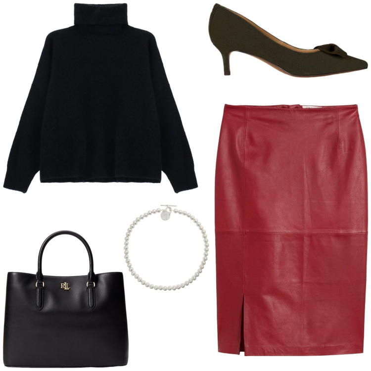 Outfit donna - Femminile. Stile Glamour per Ufficio. Abbinamento con gonne, maglieria, borse a mano, collane, décolleté.