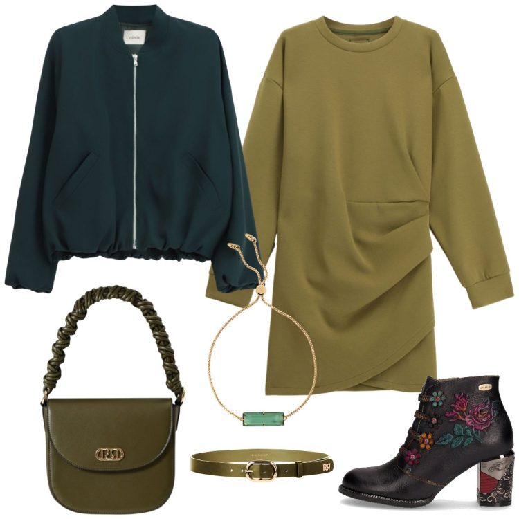 Outfit donna - In verde. Stile Trendy per Tutti i giorni. Abbinamento con cinture, borse a mano, vestiti corti, bomber, braccialetti, stivaletti.