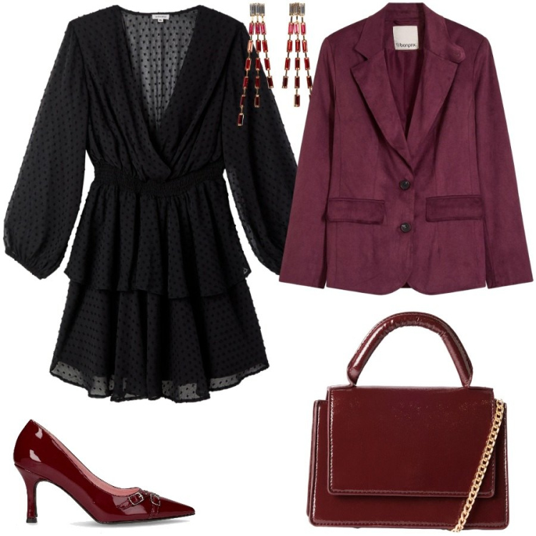 Outfit donna - Red and black. Stile Chic per Serata fuori. Abbinamento con orecchini, blazer, borse a tracolla, vestiti corti, décolleté.