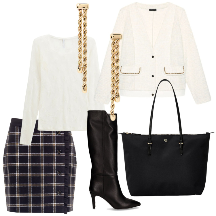 Outfit donna - Total look #2256800. Stile Casual chic per Serata fuori. Abbinamento con minigonne, maglieria, borse tote, orecchini, blazer, stivali.