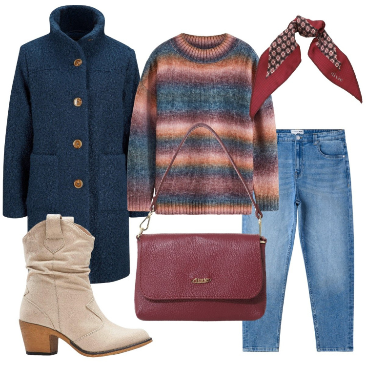 Outfit donna - Il maglione avvolgente. Stile Casual per Tutti i giorni. Abbinamento con cappotti, stivaletti texani, maglieria, jeans mom, borse a tracolla, foulard.