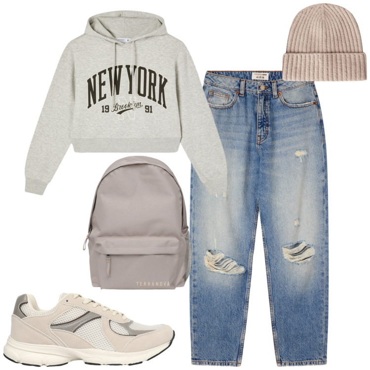 Outfit donna - Ottobre. Stile Casual per Tutti i giorni. Abbinamento con sneakers, felpe con cappuccio, jeans mom, zaini, berretti.