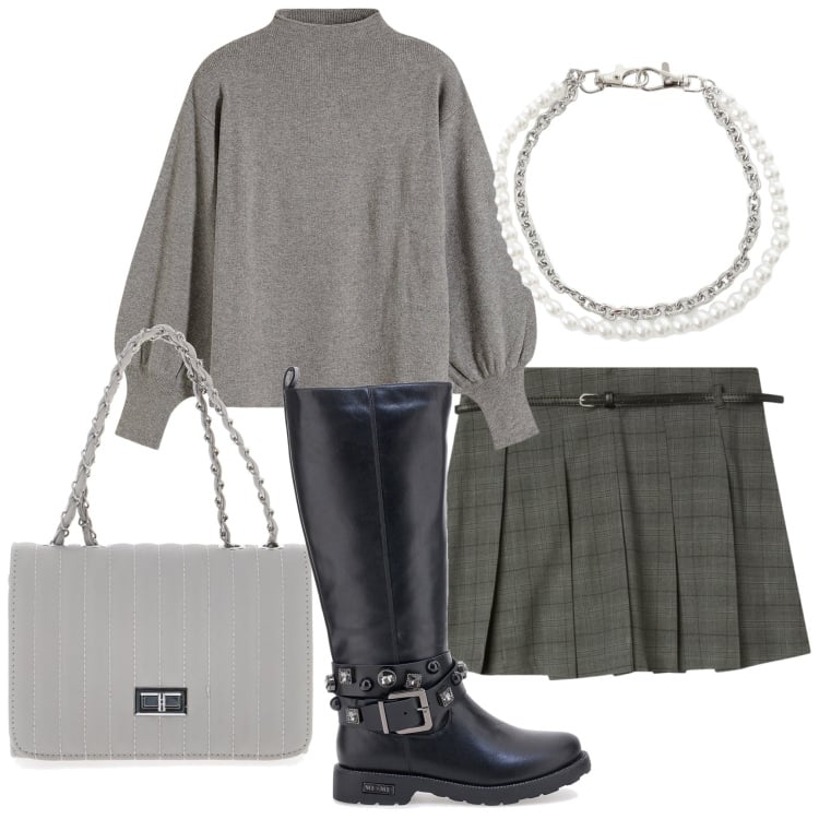 Outfit donna - Gonna & stivali. Stile Casual chic per Tutti i giorni. Abbinamento con maglieria, minigonne, braccialetti, stivali sopra il ginocchio, borse a tracolla.