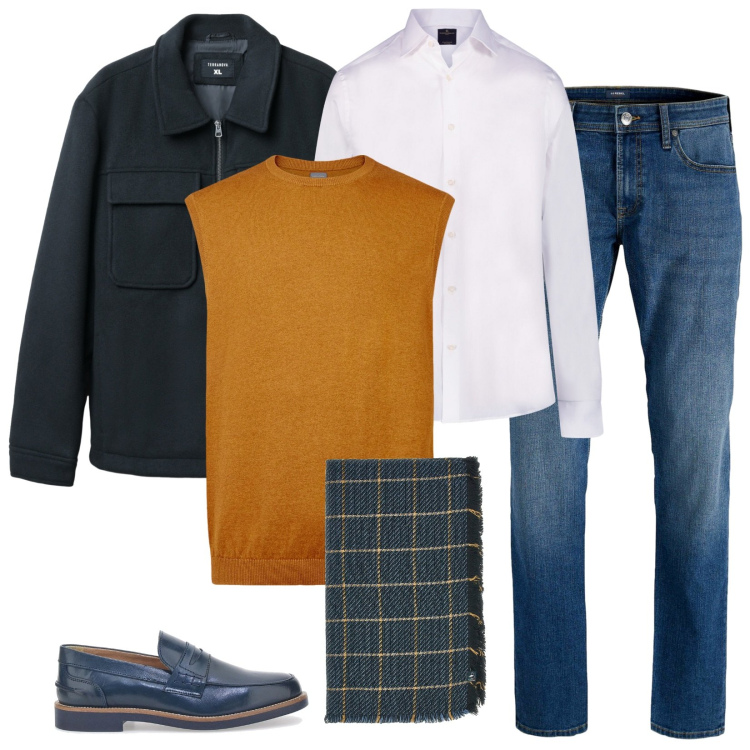 Outfit uomo - Il gilet che illumina. Stile Casual per Tutti i giorni. Abbinamento con jeans, cappotti, scarpe stringate, camicie, gilet, sciarpe.