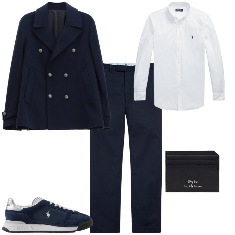 Outfit uomo - Total look #2256809. Stile Trendy per Serata speciale. Abbinamento con cappotti, sneakers, camicie, pantaloni chino, portafogli.