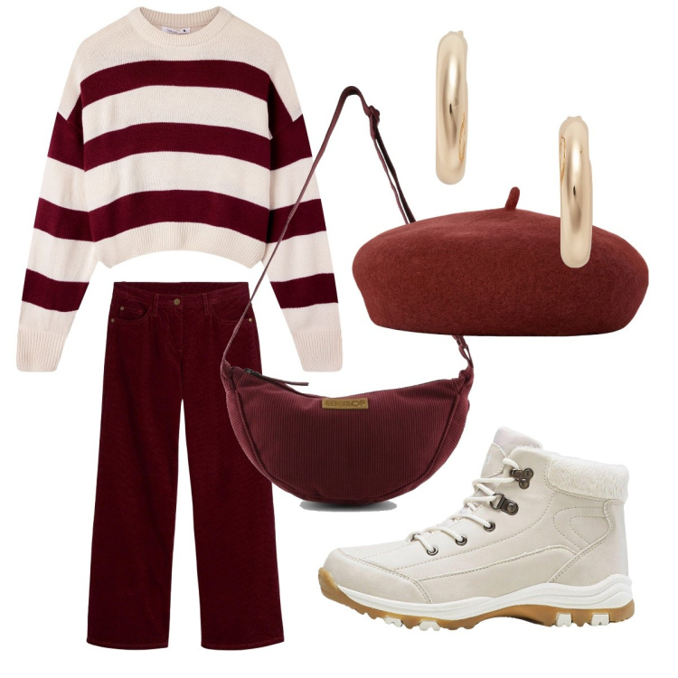 Outfit donna - Il maglioncino a righe. Stile Urban per Scuola/Università. Abbinamento con stivaletti, pantaloni, maglieria, orecchini, cappelli e berretti, borse a tracolla.