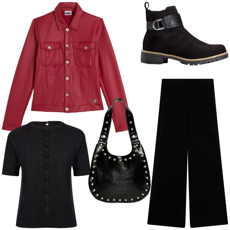 Outfit donna - E rosso sia. Stile Casual chic per Tutti i giorni. Abbinamento con stivaletti chelsea, pantaloni, giacche, maglieria, borse a spalla.