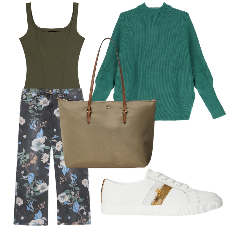 Outfit donna - Il maglione verde bottiglia. Stile Casual per Tutti i giorni. Abbinamento con body, maglieria, borse tote, sneakers, jeans.