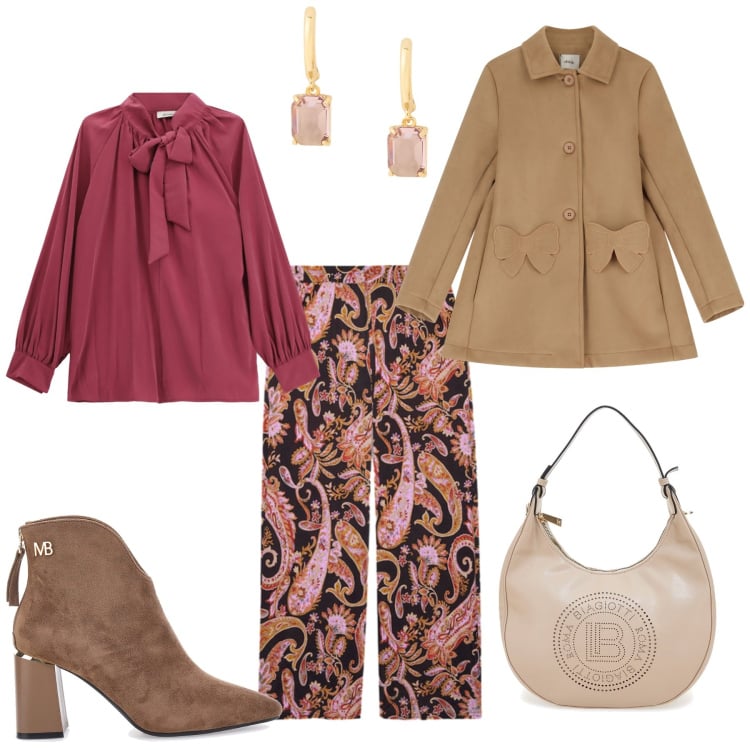Outfit donna - I colori delle foglie. Stile Trendy per Tutti i giorni. Abbinamento con bluse, cappotti, orecchini, stivaletti, borse a spalla, pantaloni.