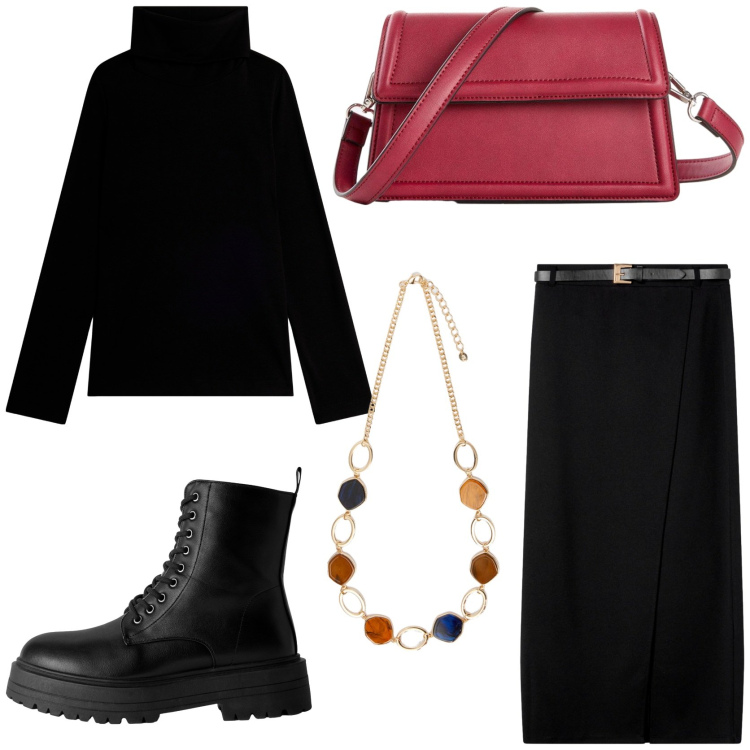 Outfit donna - Un tocco di rosso. Stile Casual chic per Tutti i giorni. Abbinamento con borse a tracolla, anfibi, gonne lunghe, maglieria, collane.