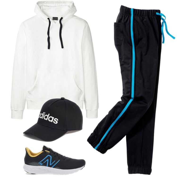 Outfit uomo - Sportivo. Stile Urban per Sport. Abbinamento con pantaloni, felpe con cappuccio, cappelli, scarpe sportive.