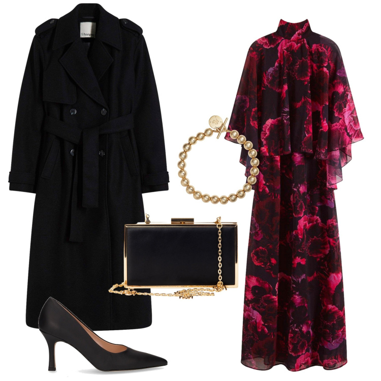 Outfit donna - Total look #2256825. Stile Chic per Cerimonia. Abbinamento con trench, vestiti lunghi, pochette, braccialetti, décolleté.