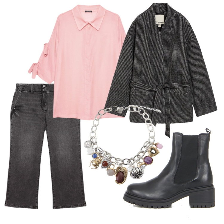 Outfit donna - Il cardigan grigio con la cintura. Stile Casual chic per Tutti i giorni. Abbinamento con blazer, braccialetti con ciondoli, jeans, stivaletti chelsea, camicie.