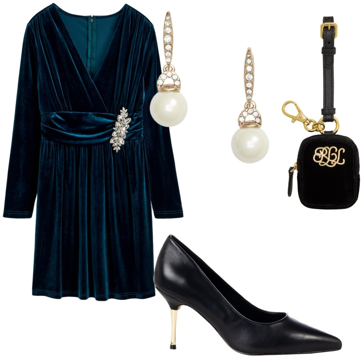 Outfit donna - Raffinata in velluto. Stile Vintage retrò per Serata fuori. Abbinamento con vestiti, décolleté, orecchini, pochette.