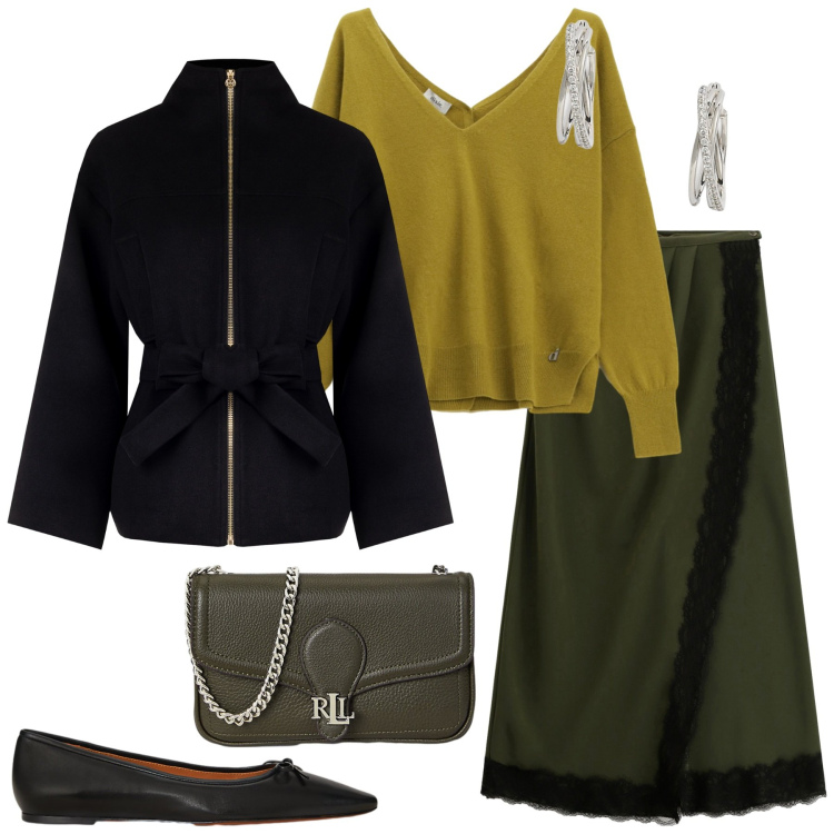 Outfit donna - Total look #2256828. Stile Romantica per Serata fuori. Abbinamento con caban, gonne lunghe, maglieria, orecchini, ballerine, clutch.