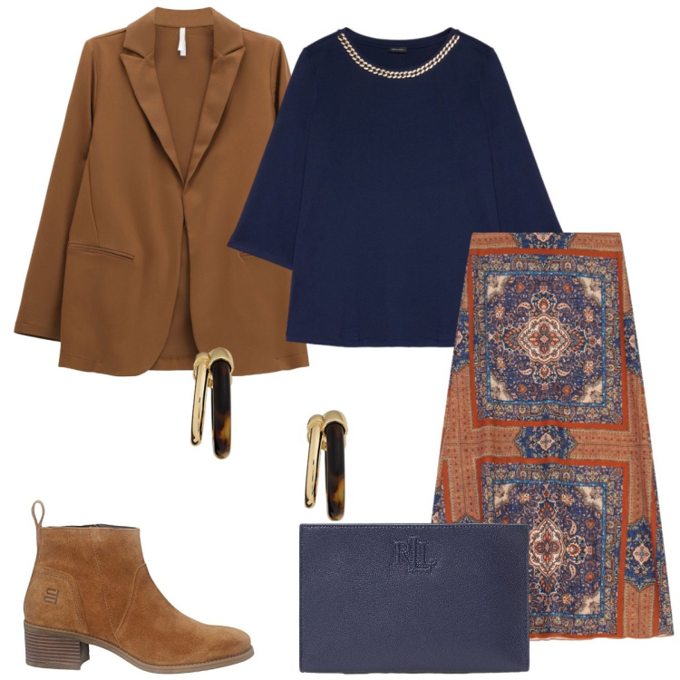 Outfit donna - Un tocco etnico. Stile Etnico per Tutti i giorni. Abbinamento con blazer, gonne lunghe, orecchini, pochette, stivaletti, bluse.